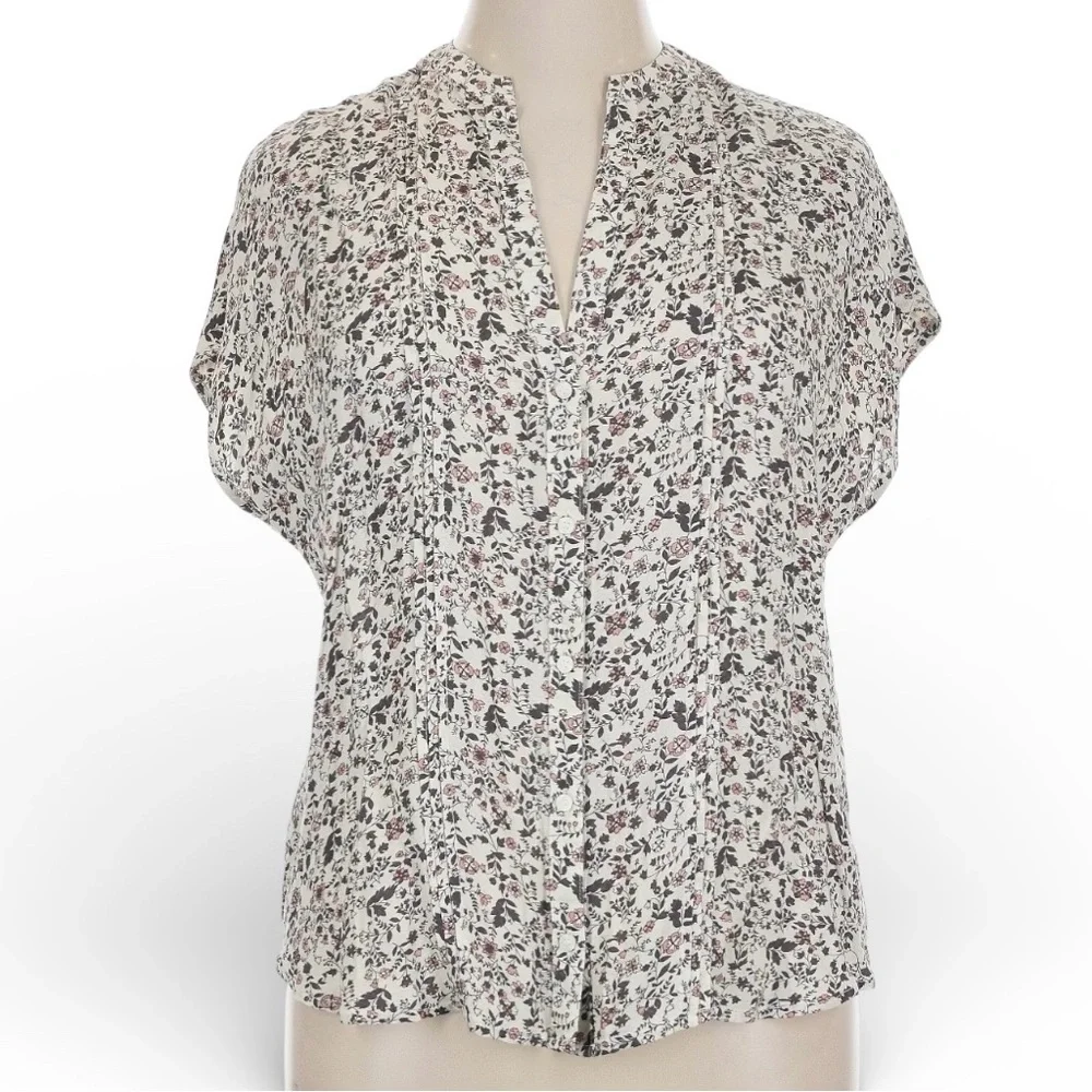 Treasure & Bond Floral Blouse Boho Peasant Top Button Front Short Sleeve XL - Picture 2 of 8